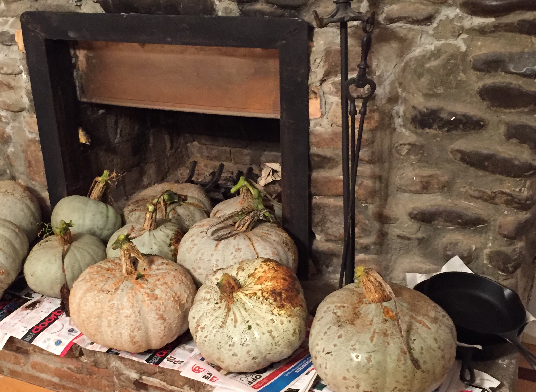 Sweetmeat squash curing on the fireplace hearth.
